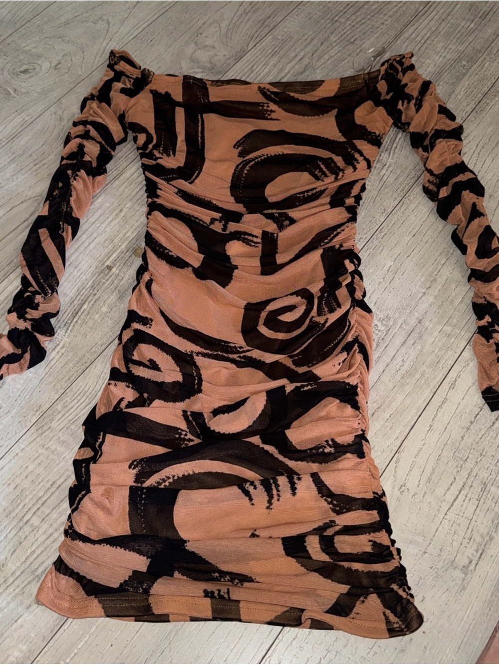 privy Off-Shoulder Ruched Mini Dress in Brown and Black